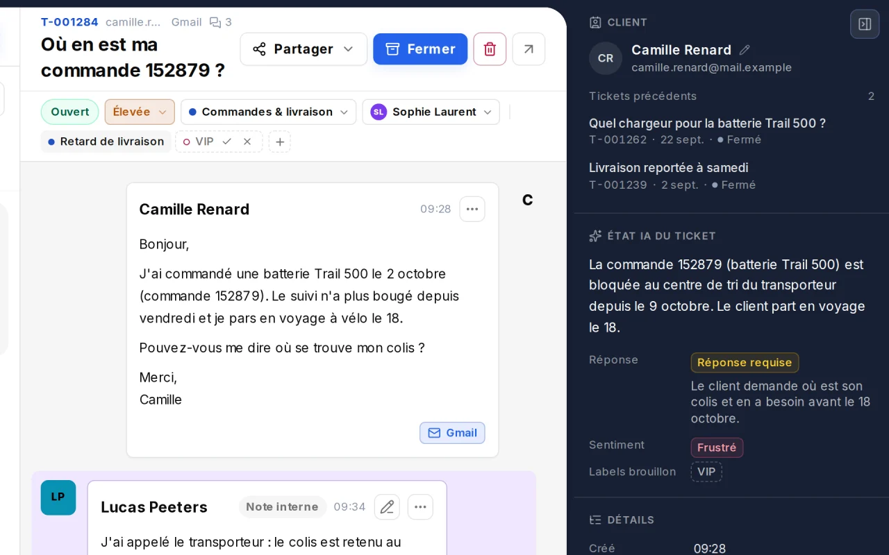 Panneau de contexte TicketsFlow avec le client, ses tickets précédents, l'état IA du ticket (résumé, réponse attendue, sentiment, labels brouillons) et l'historique.