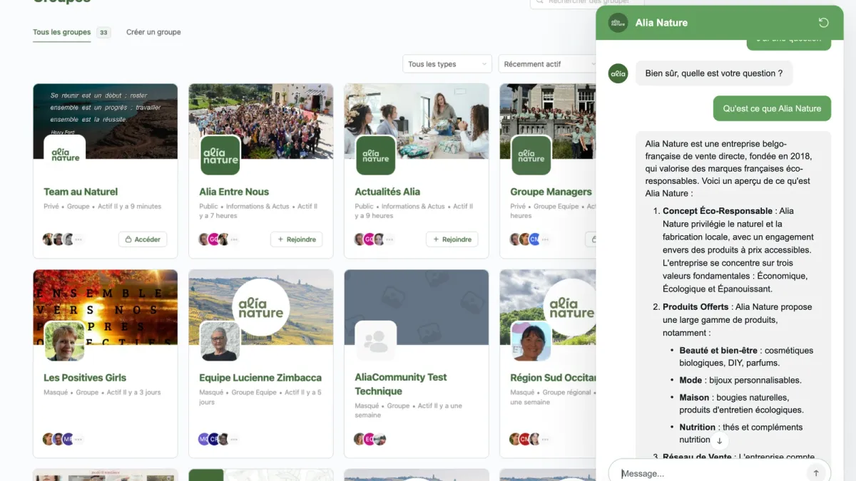 Interface van de Alia Nature-chatbot