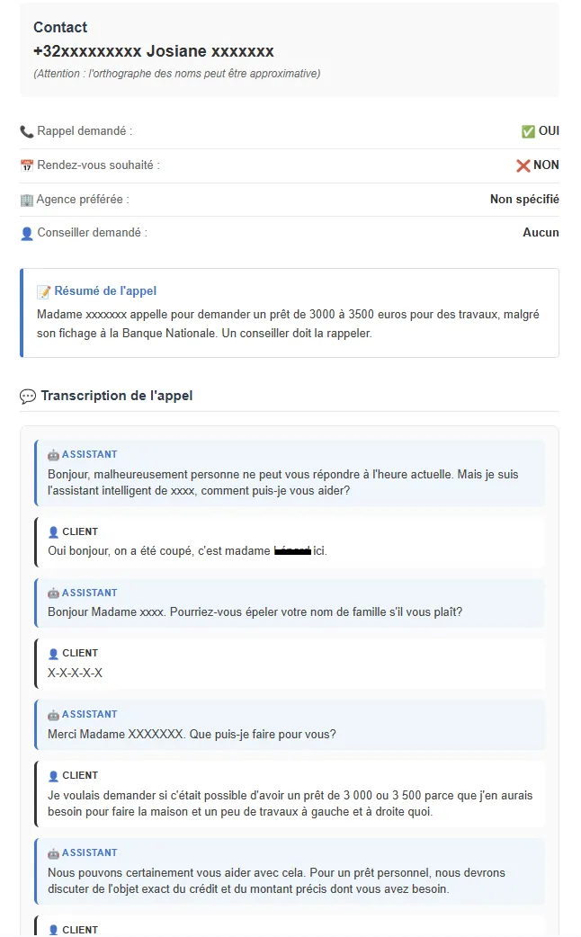 Email report showing call summary, contact details, and full transcript