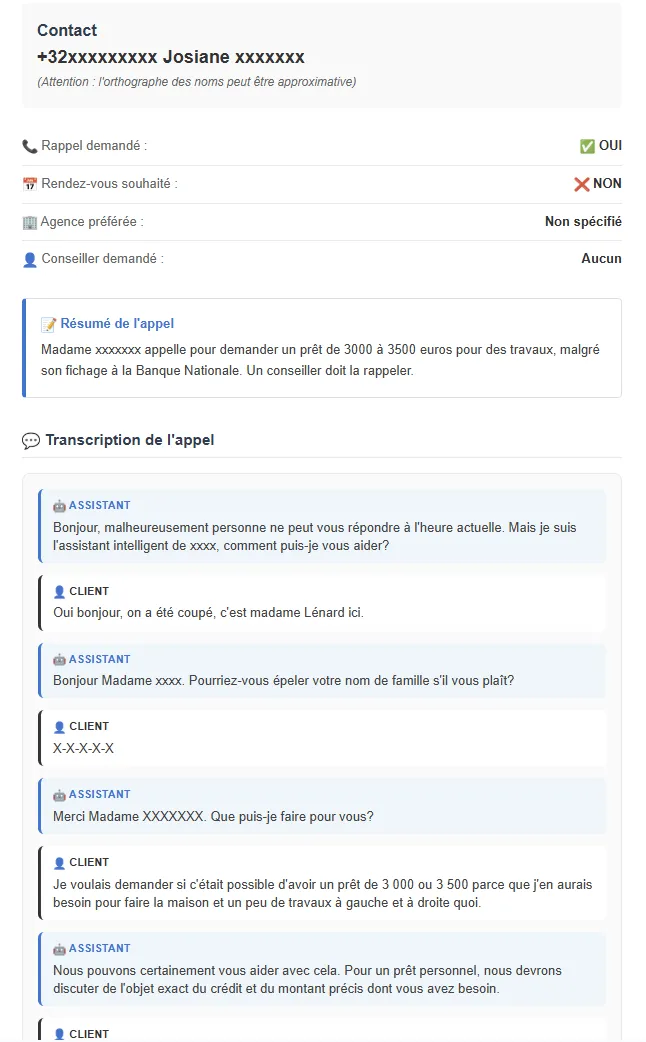 Email report showing call summary, contact details, and full transcript