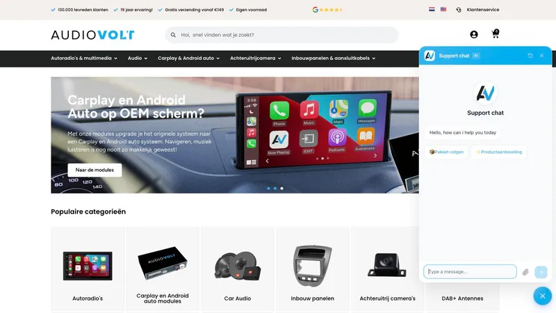 The Audiovolt storefront with the AI support chat open