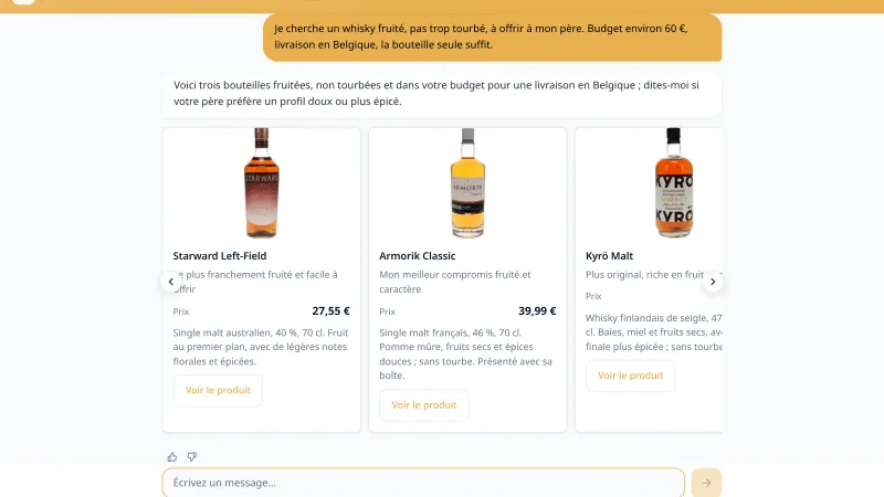 L'assistant répond en français à une demande de whisky fruité et peu tourbé, avec trois bouteilles vérifiées sous 60 euros