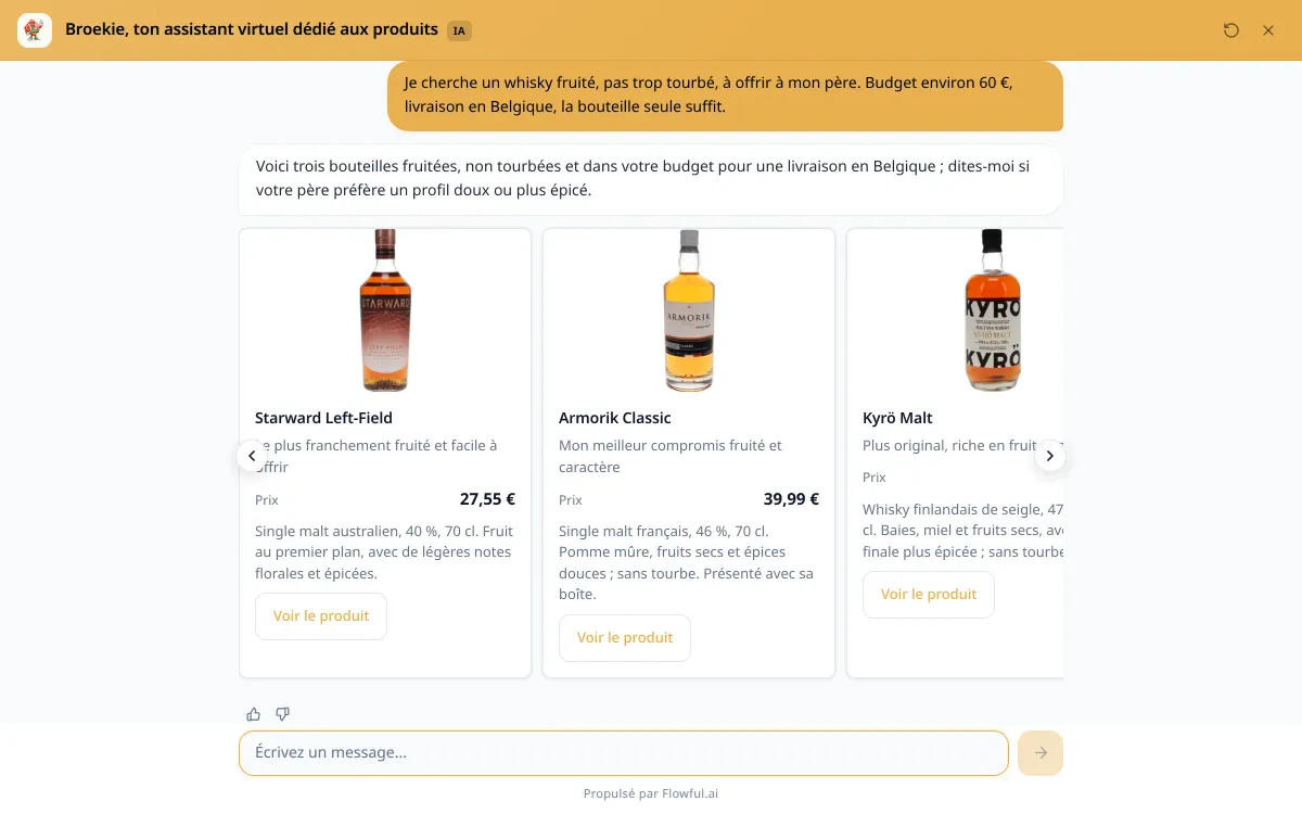 The assistant replying in French to a fruity, low-peat whisky request with three verified bottles under a 60 euro budget