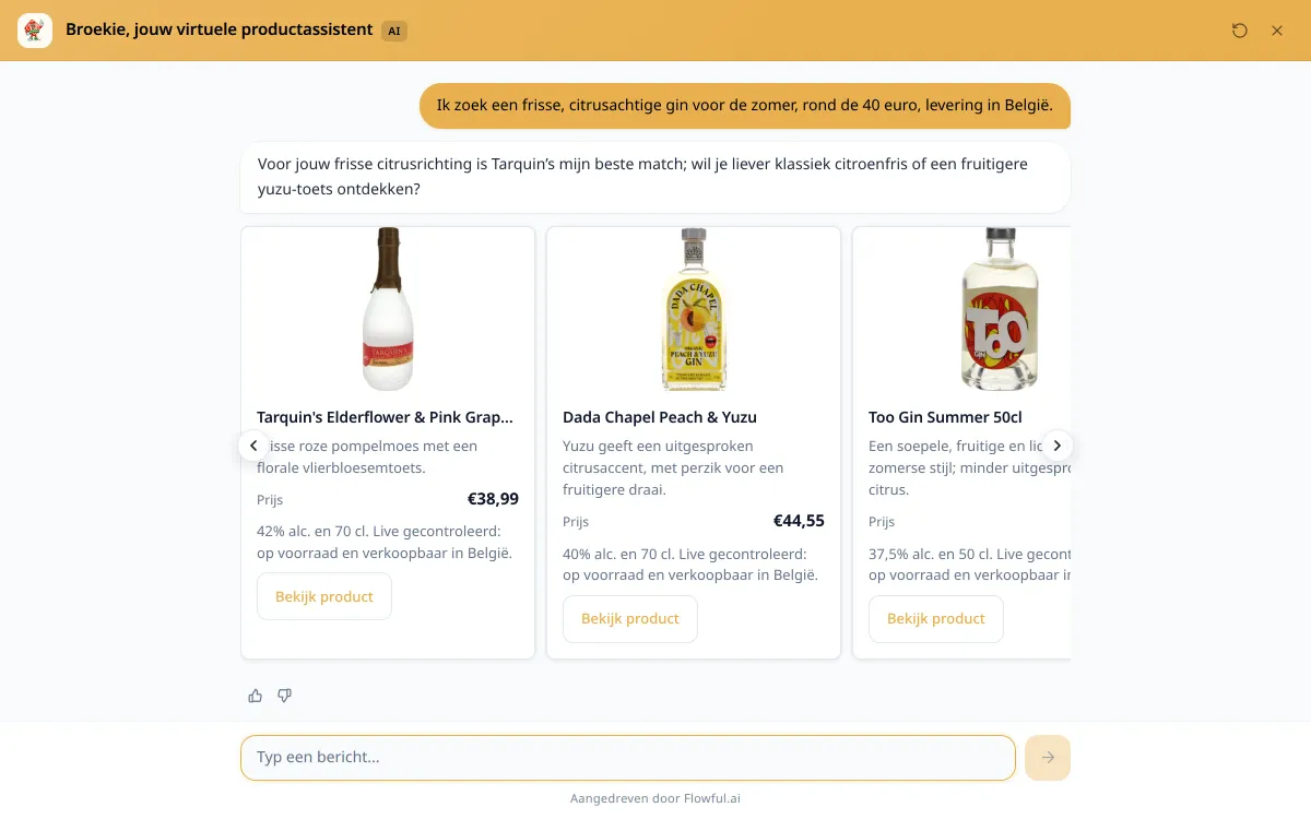 Broekie, the Broekmans assistant, answering in Dutch with three gin cards whose price, stock and Belgian availability were checked live