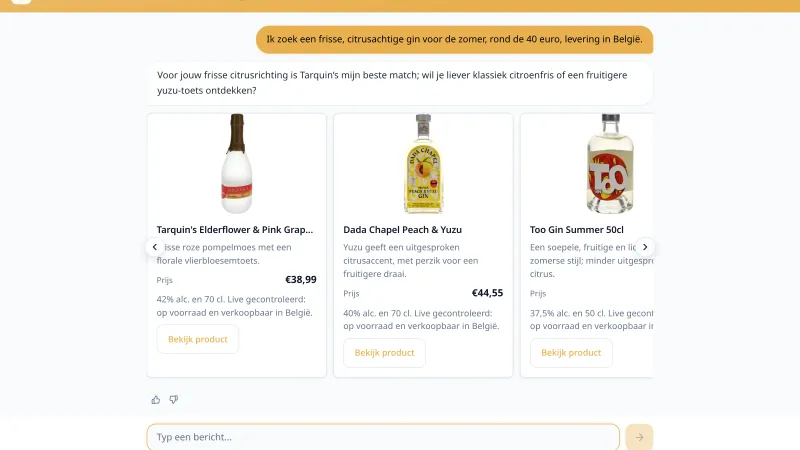 Broekie, de assistent van Broekmans, antwoordt in het Nederlands met drie gins waarvan prijs, voorraad en beschikbaarheid in België live gecontroleerd zijn