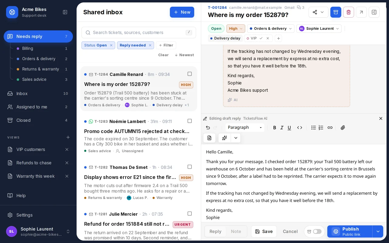 TicketsFlow conversation with a customer email, a private note from a teammate and an AI-drafted reply ready to review in the composer.
