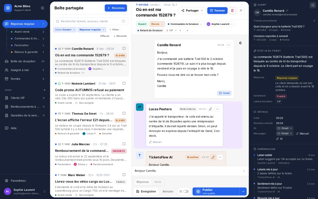 Boîte partagée TicketsFlow : une liste de tickets support avec leurs résumés IA, une conversation ouverte sur une commande en retard et le panneau d'état IA du ticket avec résumé, statut de réponse et sentiment.