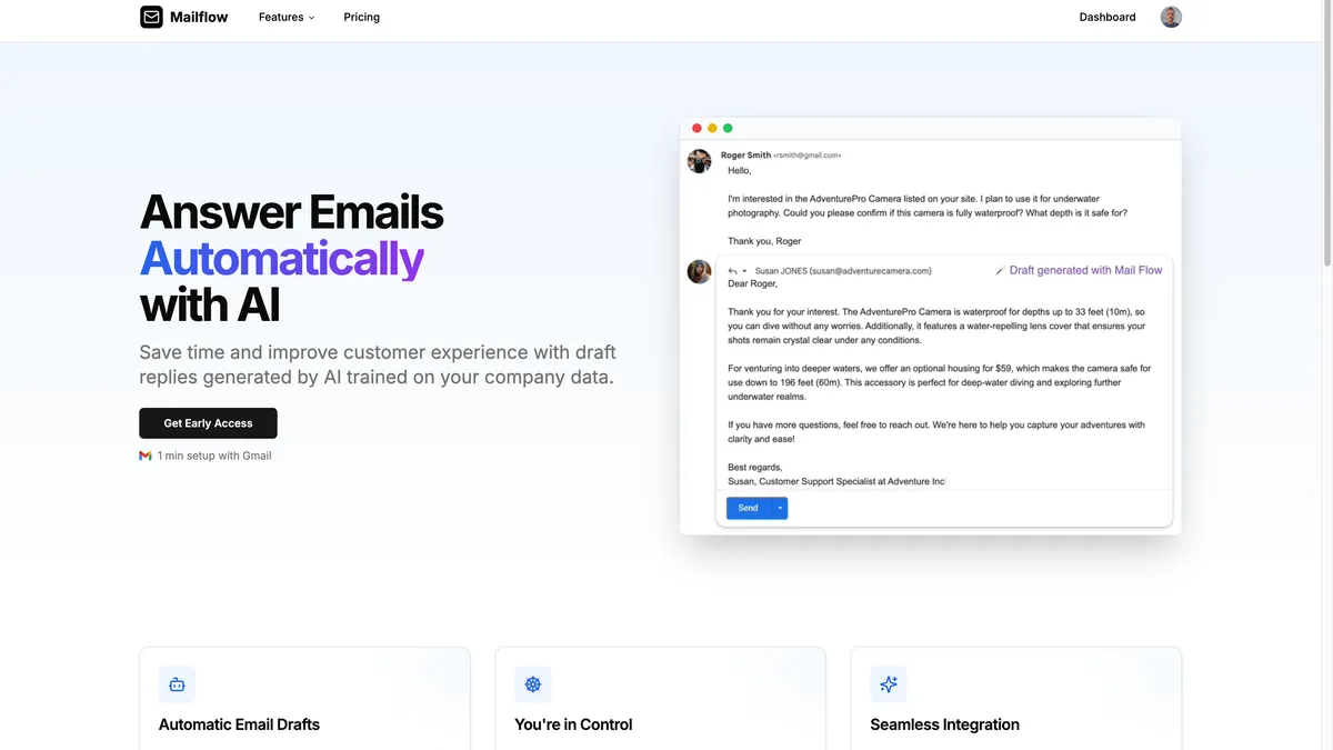 Mailflow email auto-responder dashboard