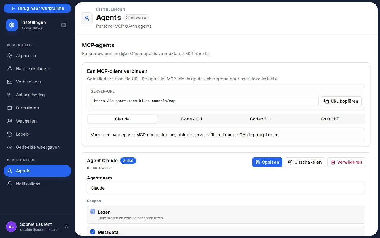 Agentinstellingen van TicketsFlow met de URL van de MCP-server en de setuptabs voor Claude, ChatGPT en Codex.