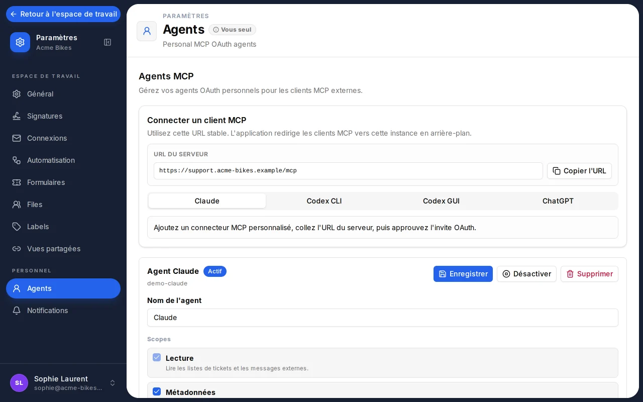 Réglages des agents TicketsFlow montrant l'URL du serveur MCP et les onglets de configuration pour Claude, ChatGPT et Codex.