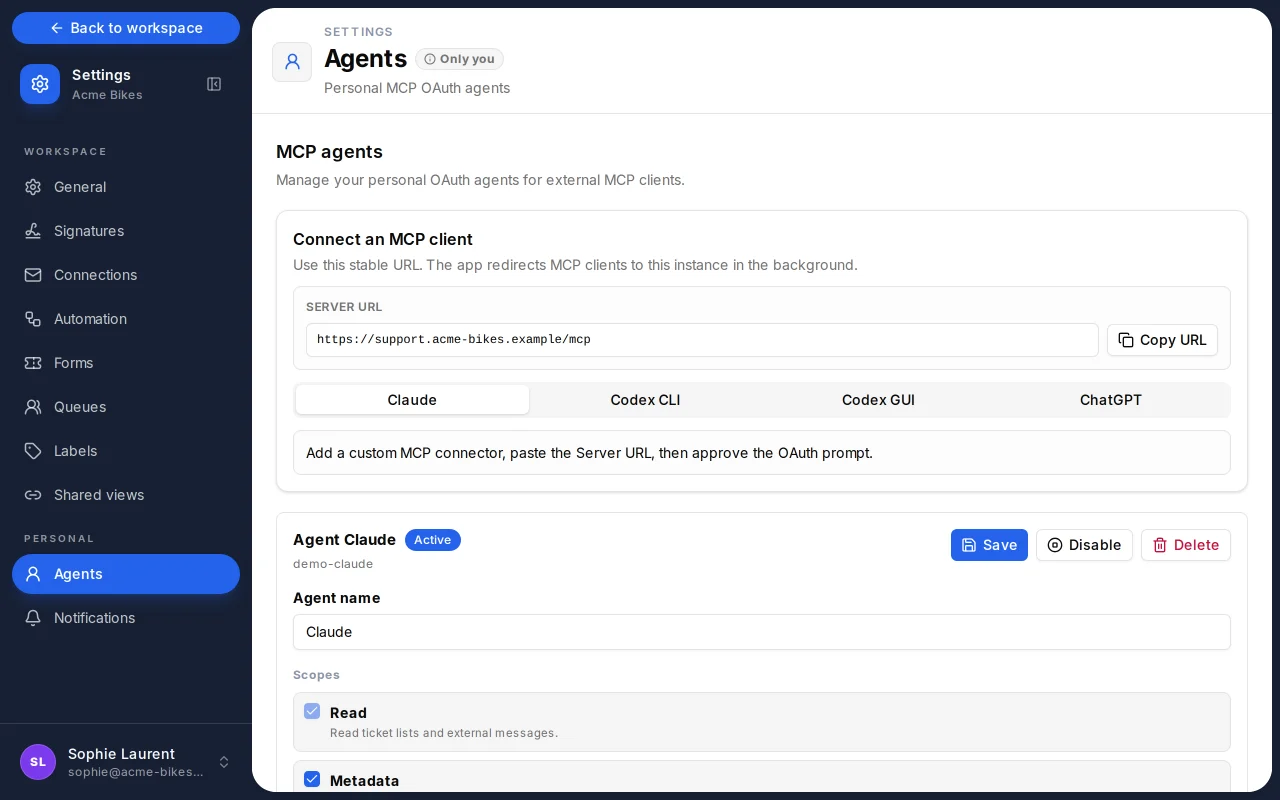 TicketsFlow agents settings showing the MCP server URL and the setup tabs for Claude, ChatGPT and Codex.
