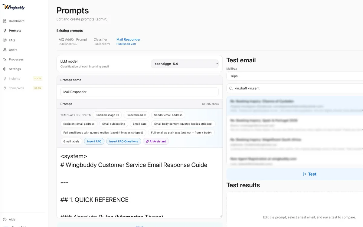 Wingbuddy prompt editor and email testing interface