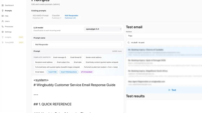 Interface d'édition de prompts et test d'emails Wingbuddy